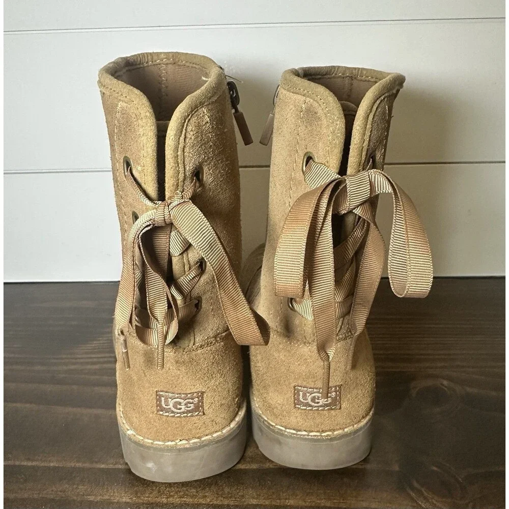 UGG Corene Chesnut Tan Suede‎ Side Zipper Lace Up Back Boots Youth 4